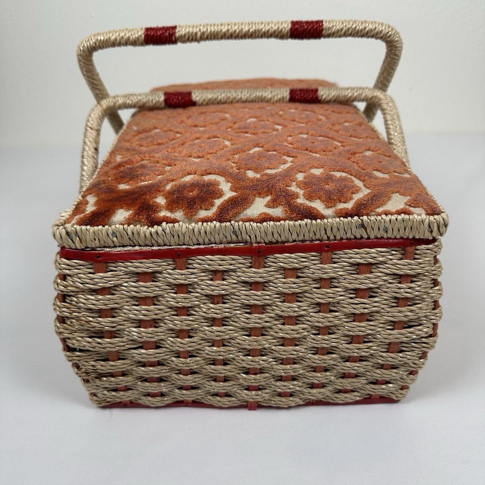 Vtg Japan Woven Wicker Sewing Basket Box Chenille Floral Lid Brass Latch - Picture 6 of 16